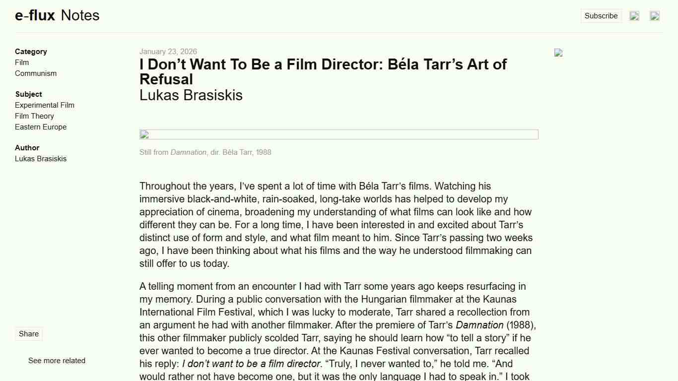 I Don’t Want To Be a Film Director: Béla Tarr’s Art of Refusal - Notes - e-flux